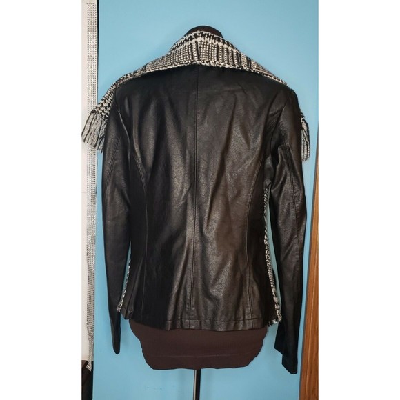 Guess Women's Wool Blend Faux Leather Arms Fringe Trim Plaid MOTO Jacket Sz M - Picture 3 of 10